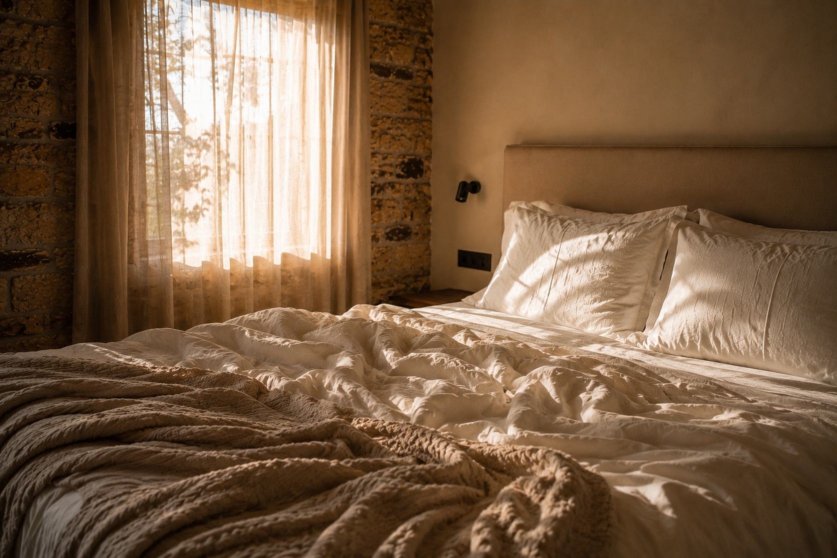 Cama deshecha con ropa de cama de lino en una habitación del hotel El Paraíso del Pas