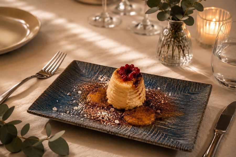 Postre de la casa con frutos rojos, Restaurante Paraíso del Pas, Cantabria
