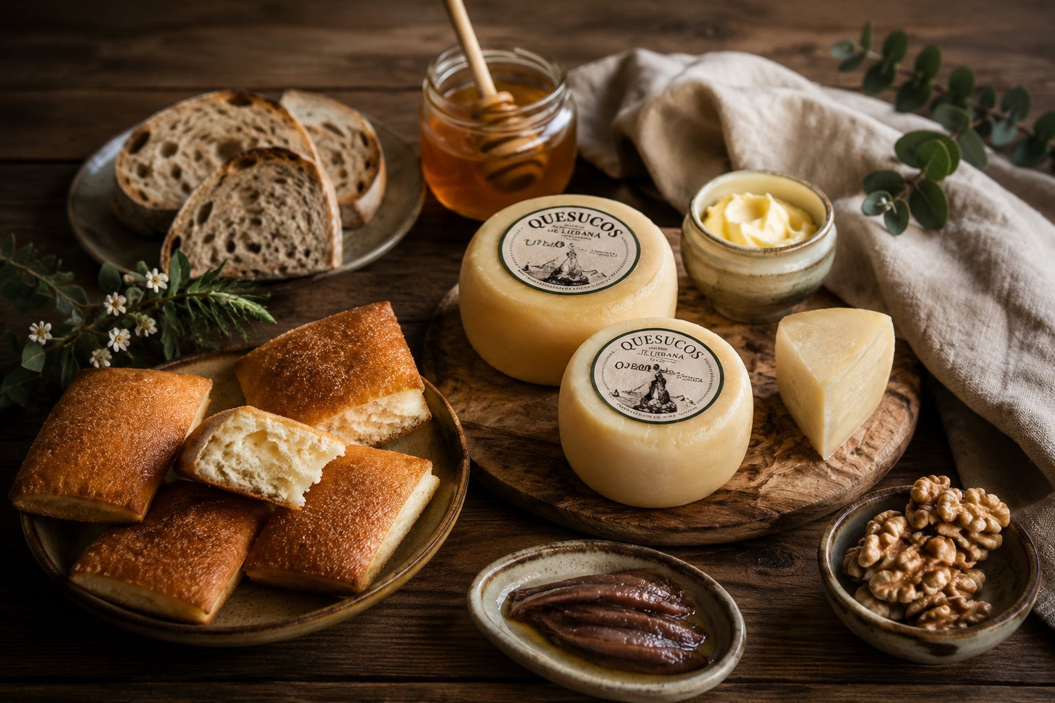 Tabla de quesucos de Liébana, pan artesano, miel y nueces sobre madera envejecida