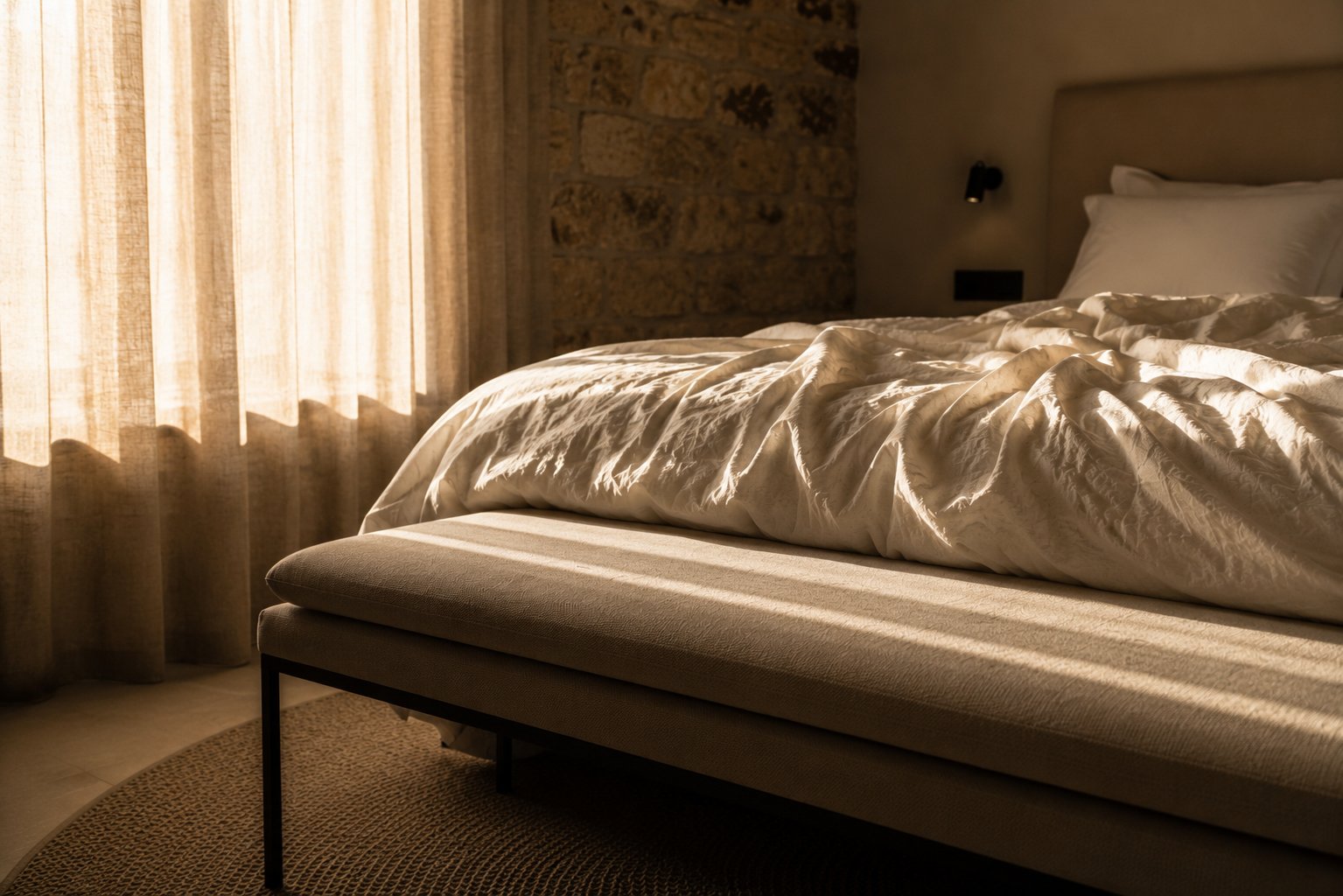 Habitación con cortinas de lino y luz de atardecer del Hotel Paraíso del Pas